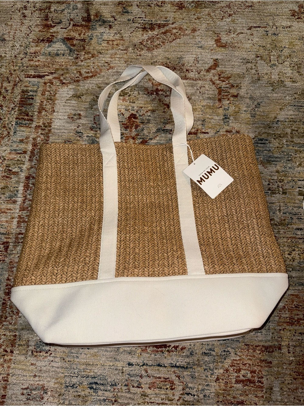 Natural Straw Tote with White Trim